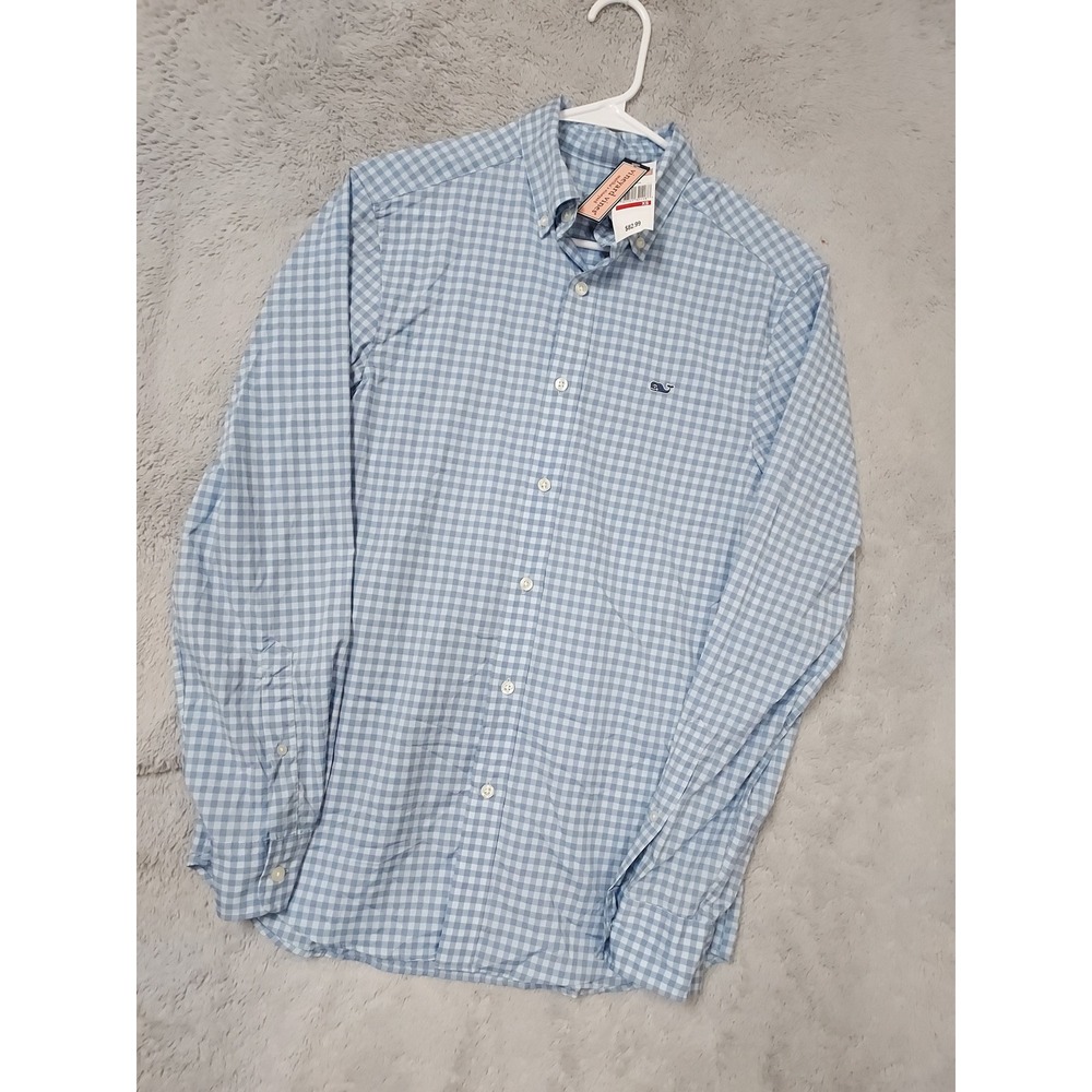 NEW Vineyard Vines Shirt Mens XS Gingham Performance Whale Ice Water Blue Preppy
